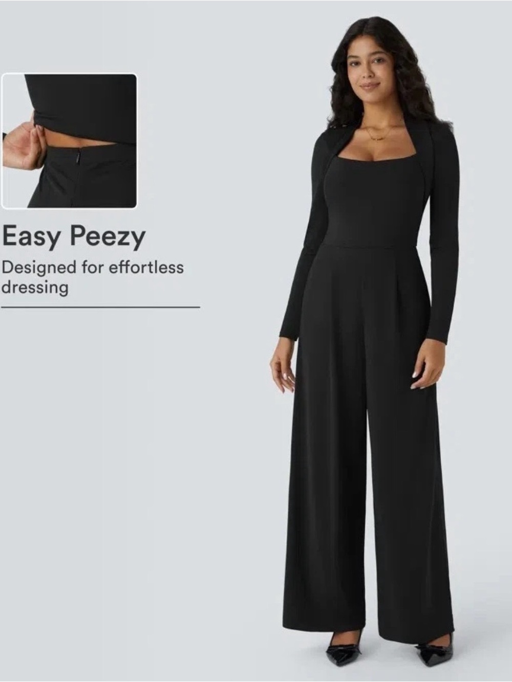Halara Long Sleeve Wide Leg One Piece Jumpsuit Easy Peezy Pockets Black Medium
